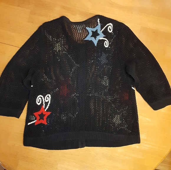 VINTAGE CJ BANKS STAR PATRIOTIC RED/WHITE/BLUE OPEN STITCH BUTTON UP SWEATER 1X - Picture 8 of 9